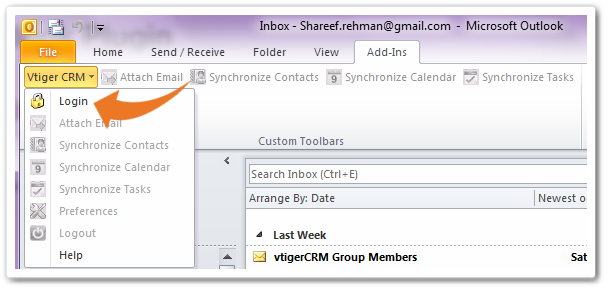 ورود به به نرم افزار ویتایگر در Outlook 